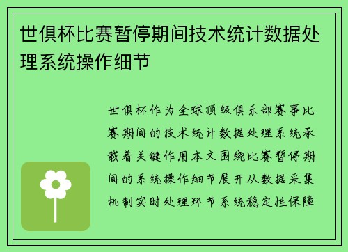 世俱杯比赛暂停期间技术统计数据处理系统操作细节