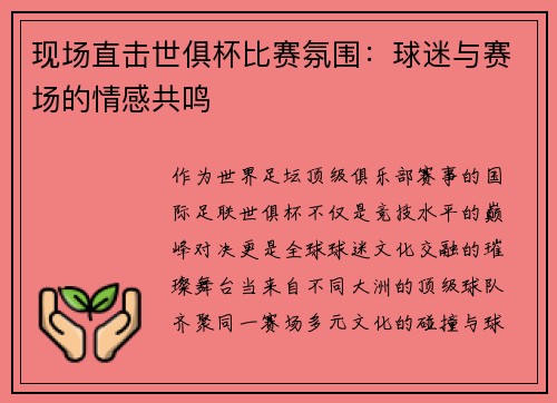 现场直击世俱杯比赛氛围：球迷与赛场的情感共鸣