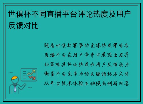 世俱杯不同直播平台评论热度及用户反馈对比